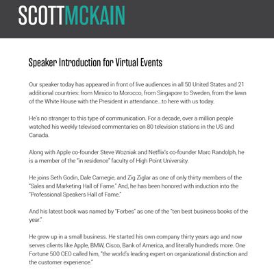 Intro for Scott McKain at Virtual Events